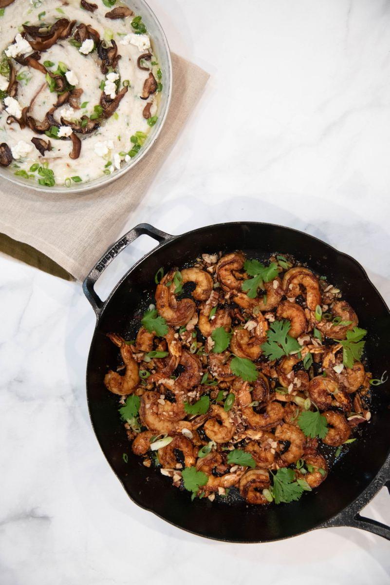 honey pecan shrimp with goat cheese grits